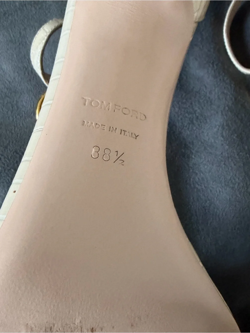 Tom Ford Ivory Croc-Embossed T-Strap Sandals with Gold Chain Links